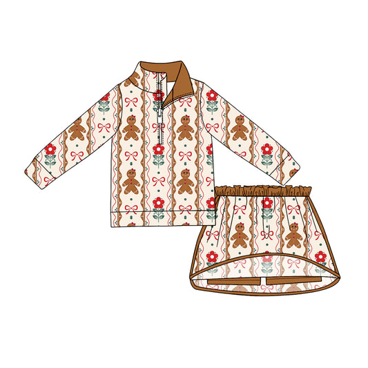 MOQ 5 PCS preorder GLD1607 Christmas Gingerbread Man Flower Bows Brown Zip Long Sleeve Skirts Girls Sets 202604
