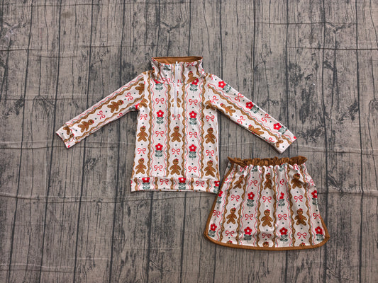 NO MOQ preorder GLD1607 Christmas Gingerbread Man Flower Bows Brown Zip Long Sleeve Skirts Girls Sets 202606