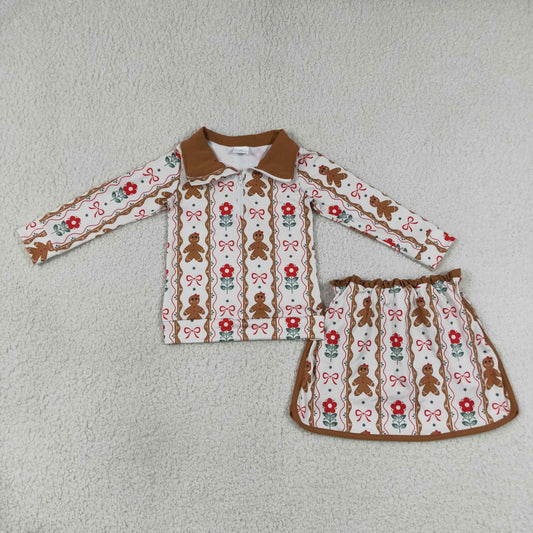 GLD1607 Christmas Gingerbread Man Flower Bows Brown Zip Long Sleeve Skirts Girls Sets 202607 RTS