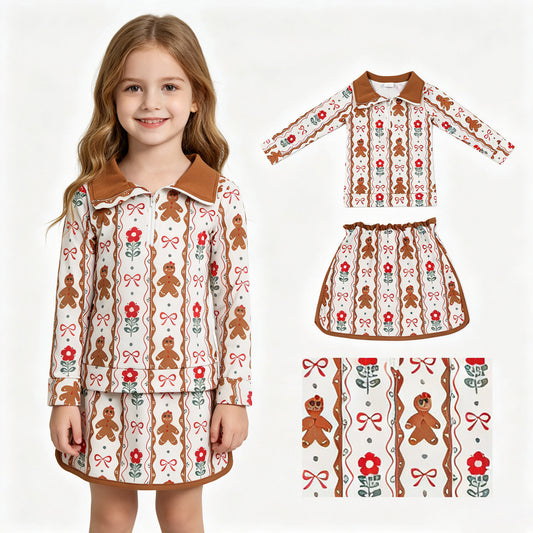 GLD1607 Christmas Gingerbread Man Flower Bows Brown Zip Long Sleeve Skirts Girls Sets 202607 RTS