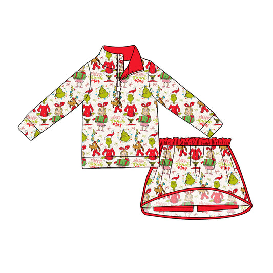 MOQ 5 PCS preorder GLD1608 Christmas Grinch Red Zip Long Sleeve Skirts Girls Sets 202604