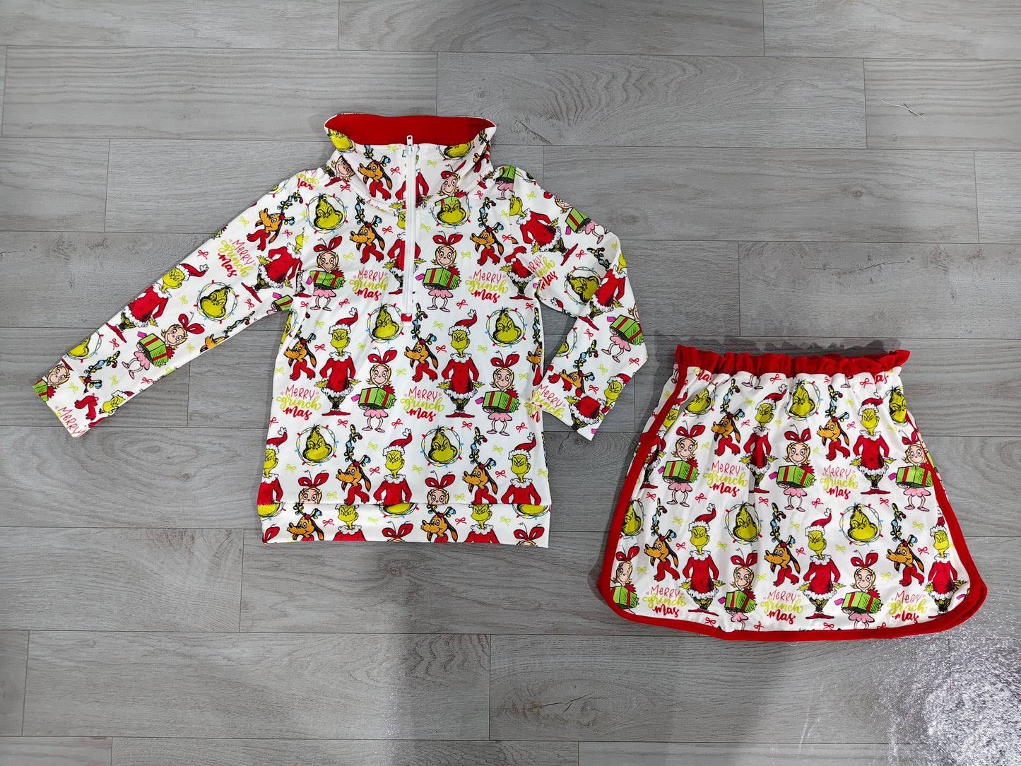 NO MOQ preorder GLD1608 Christmas Grinch Red Zip Long Sleeve Skirts Girls Sets 202607