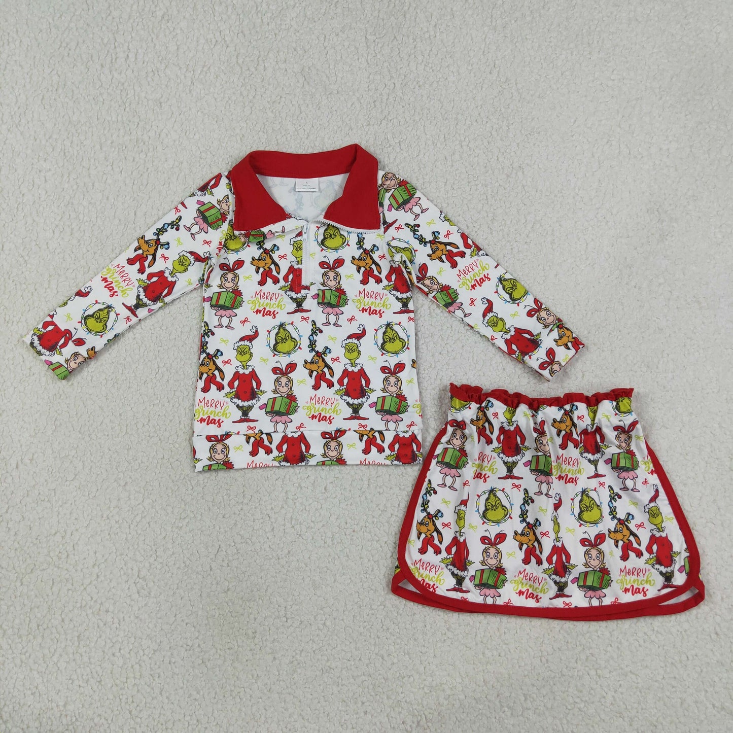 GLD1608 Christmas Grinch Red Zip Long Sleeve Skirts Girls Sets 202607 RTS