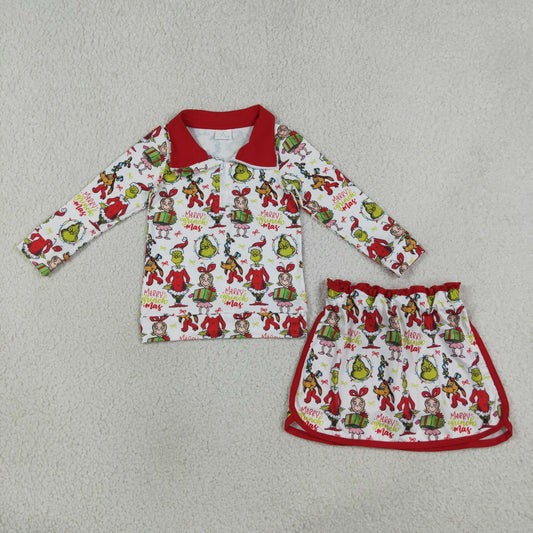 GLD1608 Christmas Grinch Red Zip Long Sleeve Skirts Girls Sets 202607 RTS