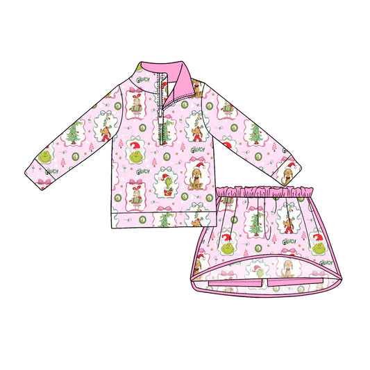 MOQ 5 PCS preorder GLD1609 Christmas Grinch Pink Zip Long Sleeve Skirts Girls Sets 202604