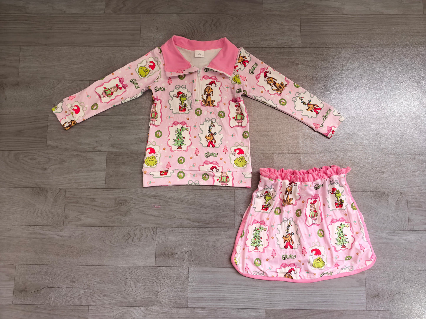 NO MOQ preorder GLD1609 Christmas Grinch Pink Zip Long Sleeve Skirts Girls Sets 202607