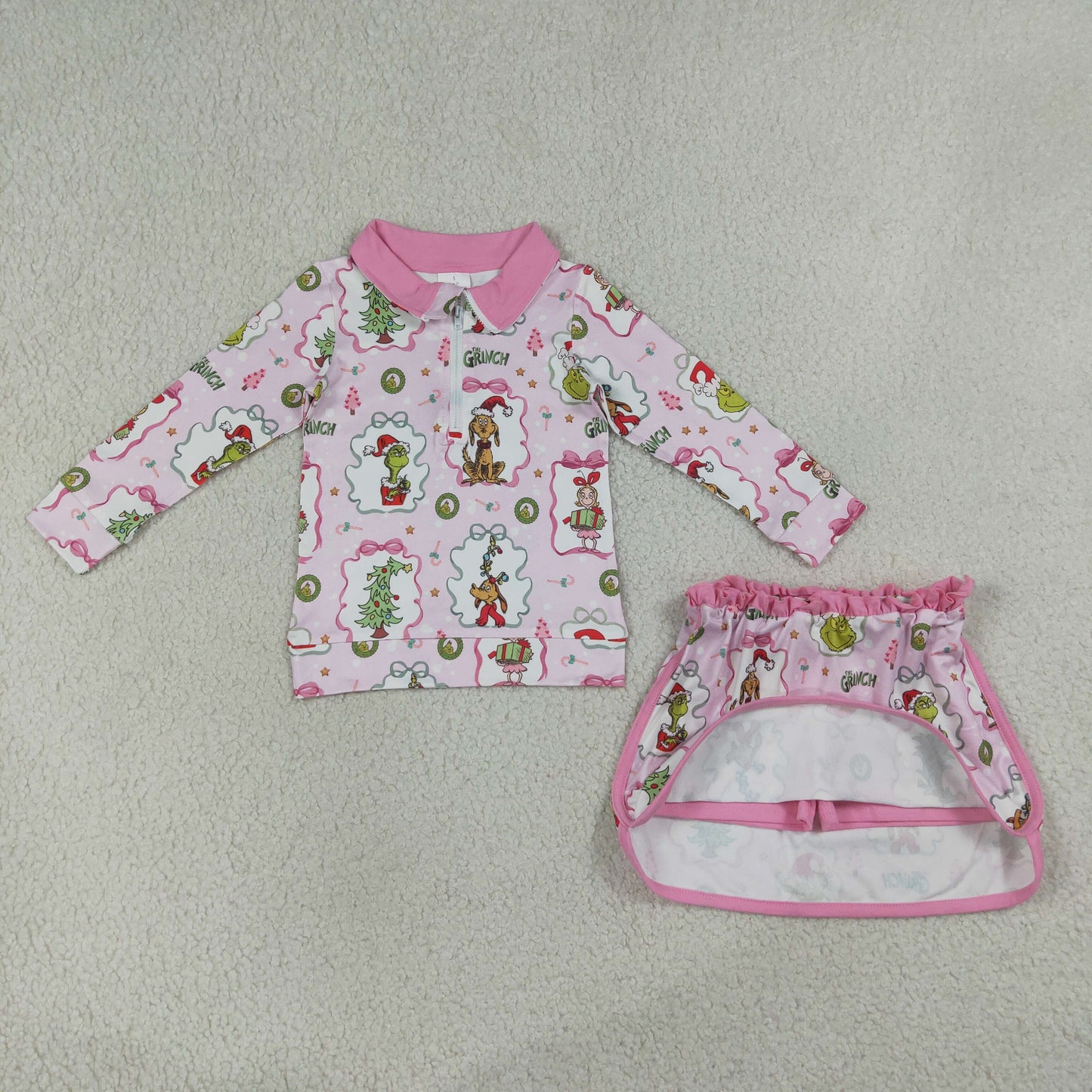 GLD1609 Christmas Grinch Pink Zip Long Sleeve Skirts Girls Sets 202607 RTS