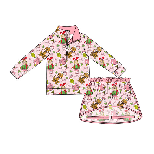 MOQ 5 PCS preorder GLD1610 Christmas Grinch Pink Zip Long Sleeve Skirts Girls Sets 202604