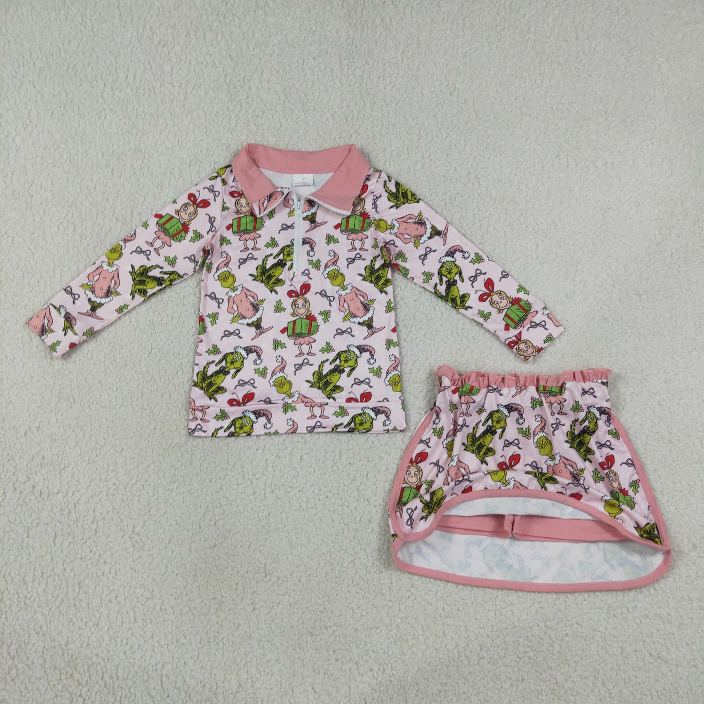 GLD1610 Christmas Grinch Pink Zip Long Sleeve Skirts Girls Sets 202608 RTS
