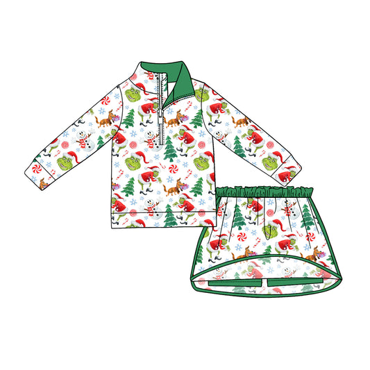 MOQ 5 PCS preorder GLD1611 Christmas Grinch Green White Zip Long Sleeve Skirts Girls Sets 202604