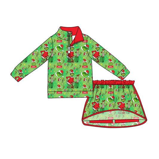 MOQ 5 PCS preorder GLD1612 Christmas Grinch Red Green Zip Long Sleeve Skirts Girls Sets 202604