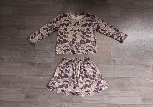 NO MOQ preorder GLD1614 Gray Brown Camo Long Sleeve Skirts Girls Sets 202607
