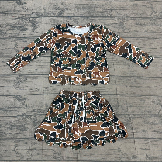 NO MOQ preorder GLD1617 Brown Green Camo Long Sleeve Skirts Girls Sets 202607