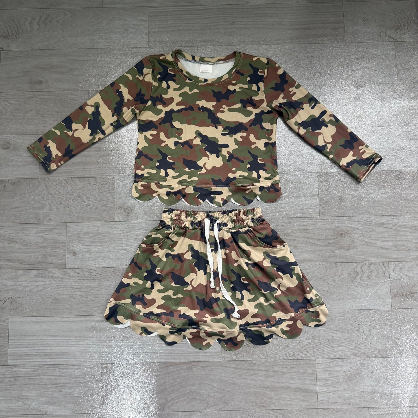 NO MOQ preorder GLD1620 Brown Green Black Camo Long Sleeve Skirts Girls Sets 202607