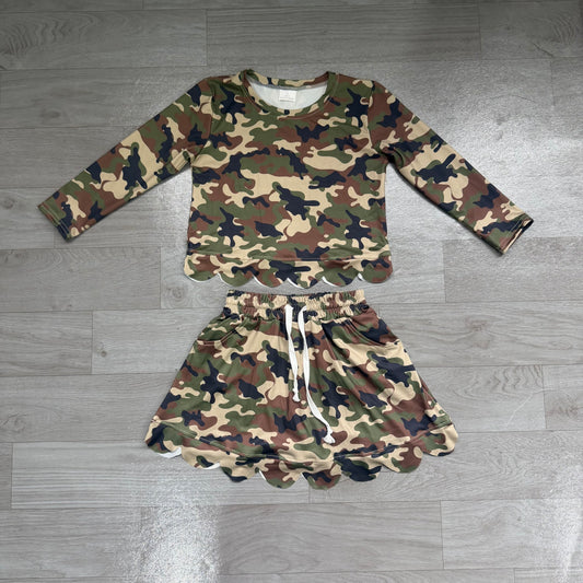 NO MOQ preorder GLD1620 Brown Green Black Camo Long Sleeve Skirts Girls Sets 202607