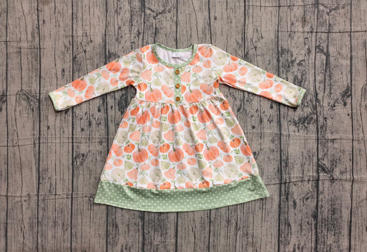 NO MOQ preorder GLD1626 Pumpkin Dots Green Long Sleeve Dresses for Girls 202605