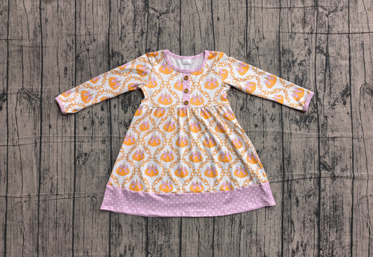 NO MOQ preorder GLD1626 Pumpkin Dots Bows Purple Long Sleeve Dresses for Girls 202605