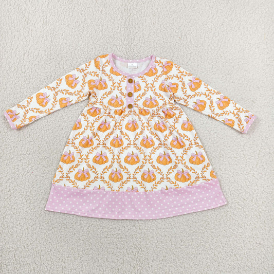 GLD1627 Pumpkin Dots Bows Purple Long Sleeve Dresses for Girls 202606 RTS