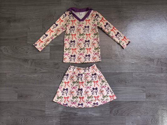 NO MOQ preorder GLD1632 Bows Purple V-Neck Long Sleeve Skirts Girls Yoga Sets 202607