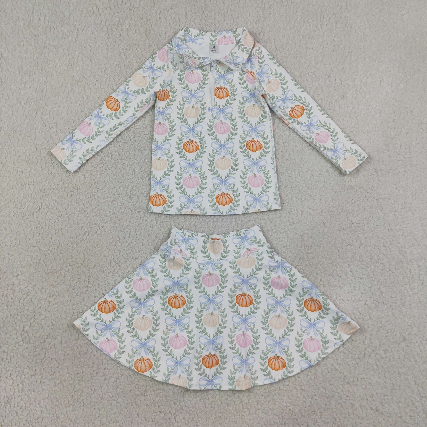GLD1635 Pumpkin Bows Leaf Zip Long Sleeve Skirts Girls Yoga Sets 202608 RTS