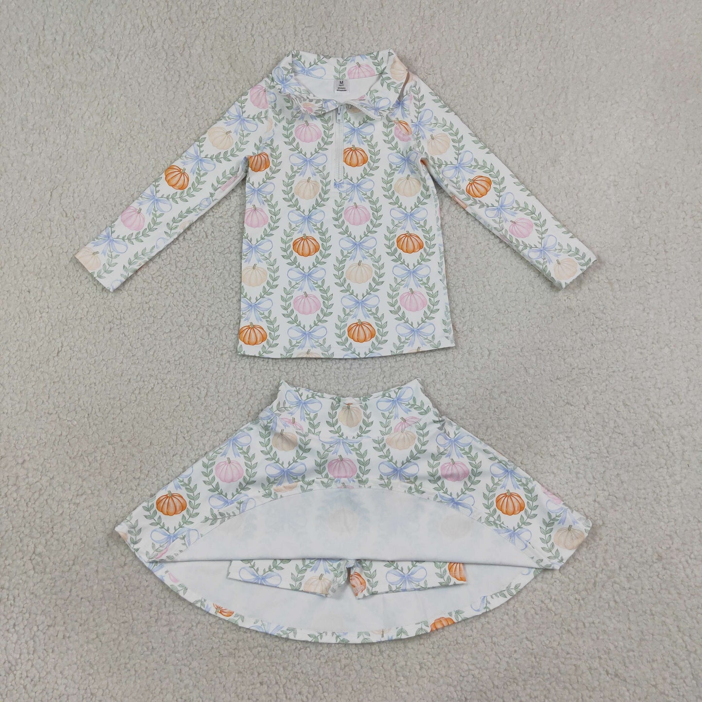 GLD1635 Pumpkin Bows Leaf Zip Long Sleeve Skirts Girls Yoga Sets 202608 RTS