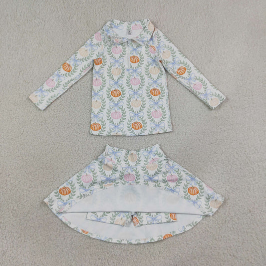 GLD1635 Pumpkin Bows Leaf Zip Long Sleeve Skirts Girls Yoga Sets 202608 RTS