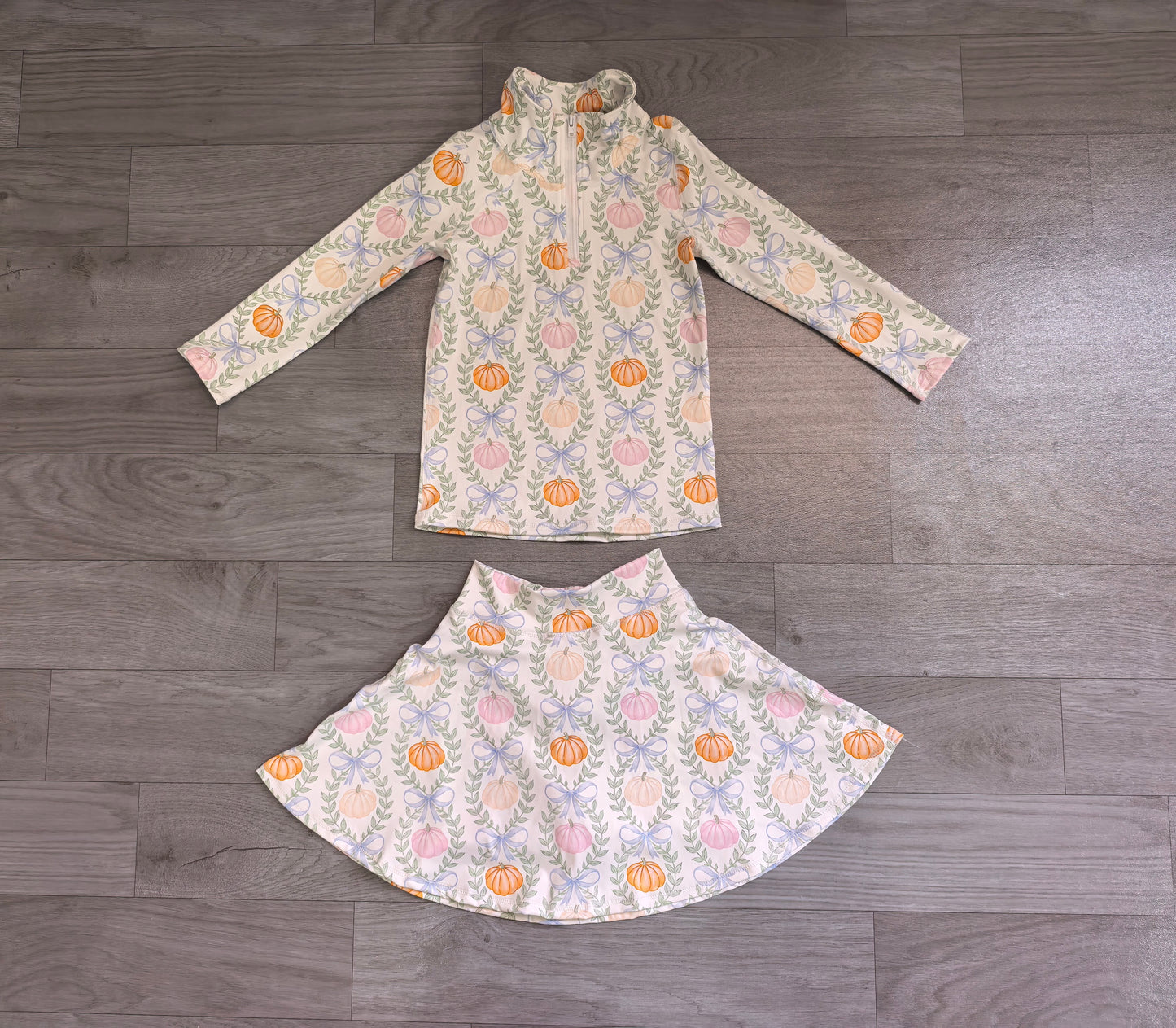 NO MOQ preorder GLD1635 Pumpkin Bows Leaf Zip Long Sleeve Skirts Girls Yoga Sets 202607