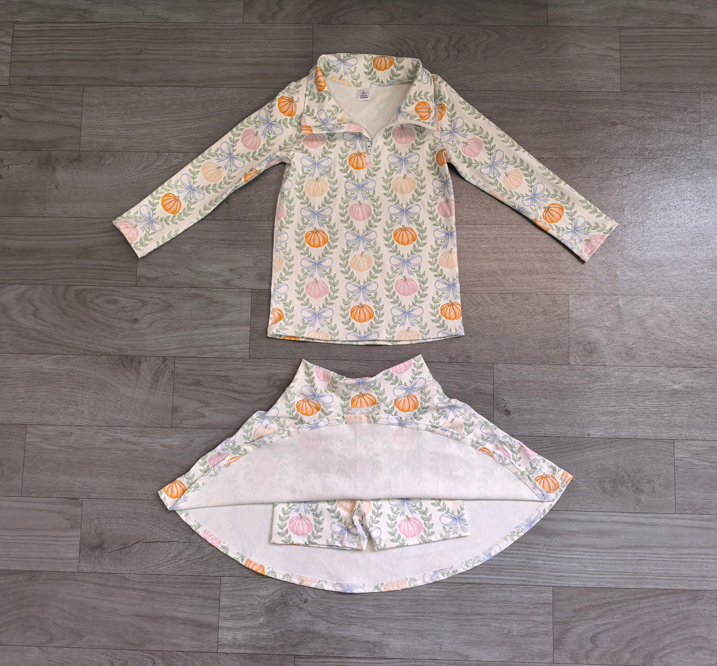 NO MOQ preorder GLD1635 Pumpkin Bows Leaf Zip Long Sleeve Skirts Girls Yoga Sets 202607