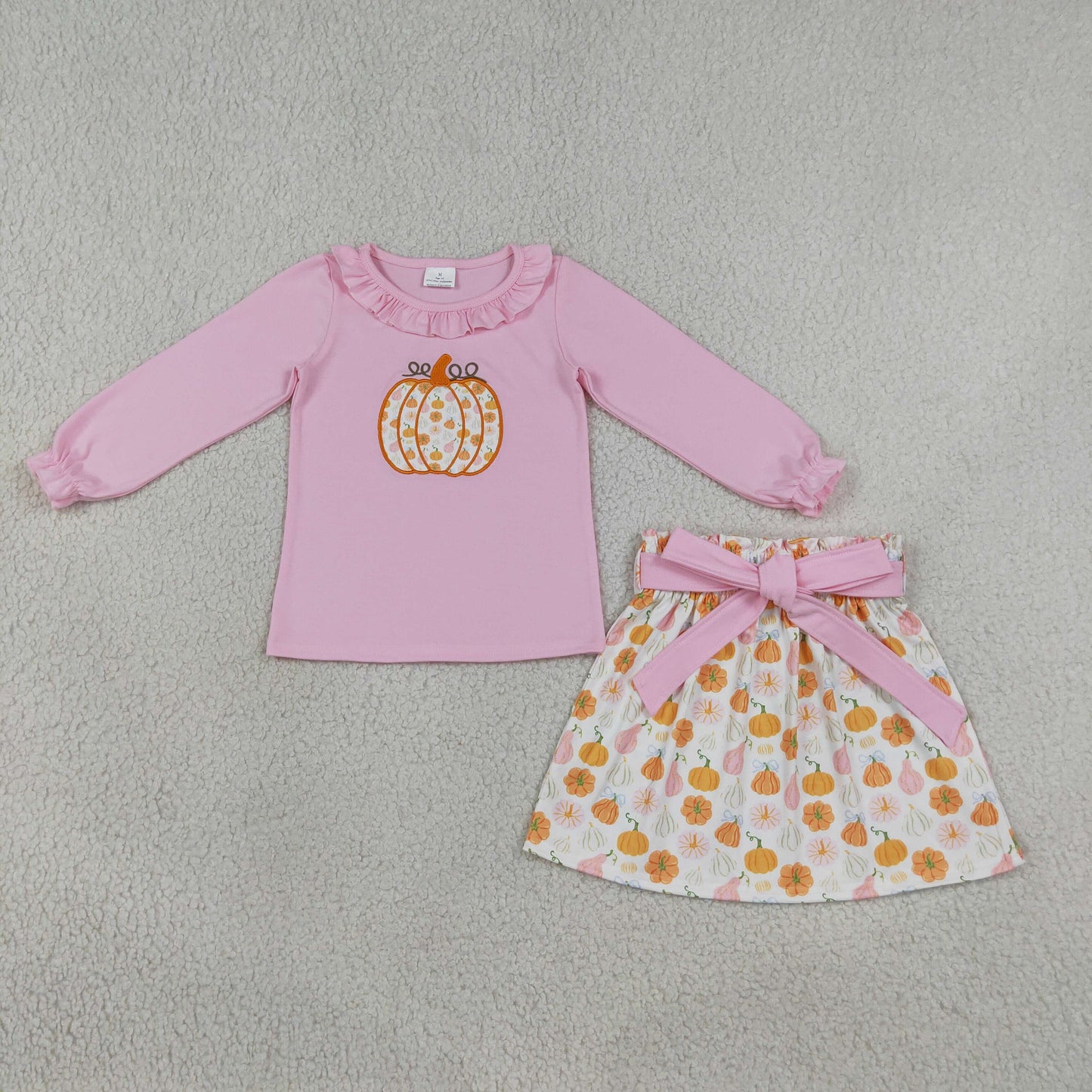 GLD1641 Embroidery Fall Pumpkin Pink Girls Skirt Set