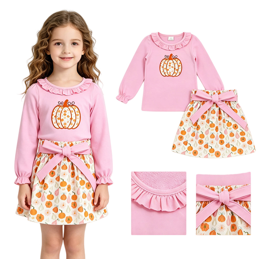 GLD1641 Embroidery Fall Pumpkin Pink Girls Skirt Set