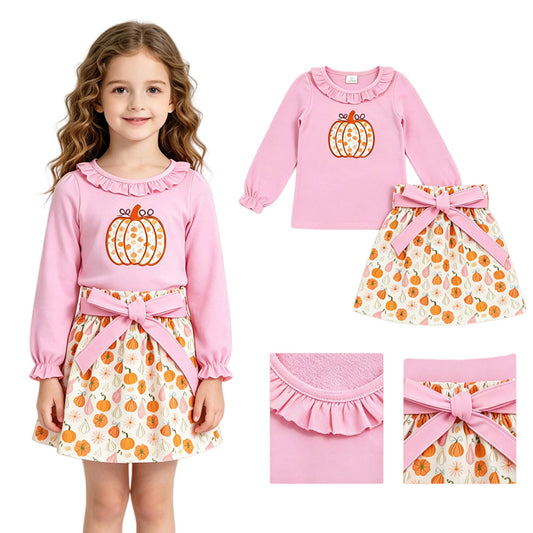 GLD1641 Embroidery Fall Pumpkin Pink Girls Skirt Set
