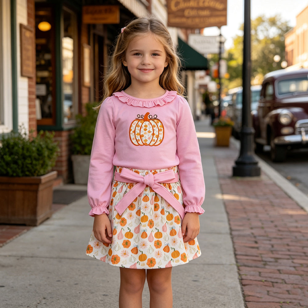 GLD1641 Embroidery Fall Pumpkin Pink Girls Skirt Set