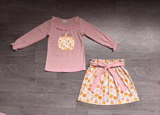 NO MOQ preorder GLD1641 Embroidered Pumpkin Bows Pink Purple Long Sleeve Skirts Girls Sets 202607
