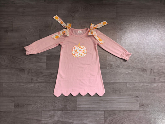 NO MOQ Preorder GLD1642 Embroidered Pumpkin Bows Scalloped Pink Long Sleeve Dresses for Girls 202607