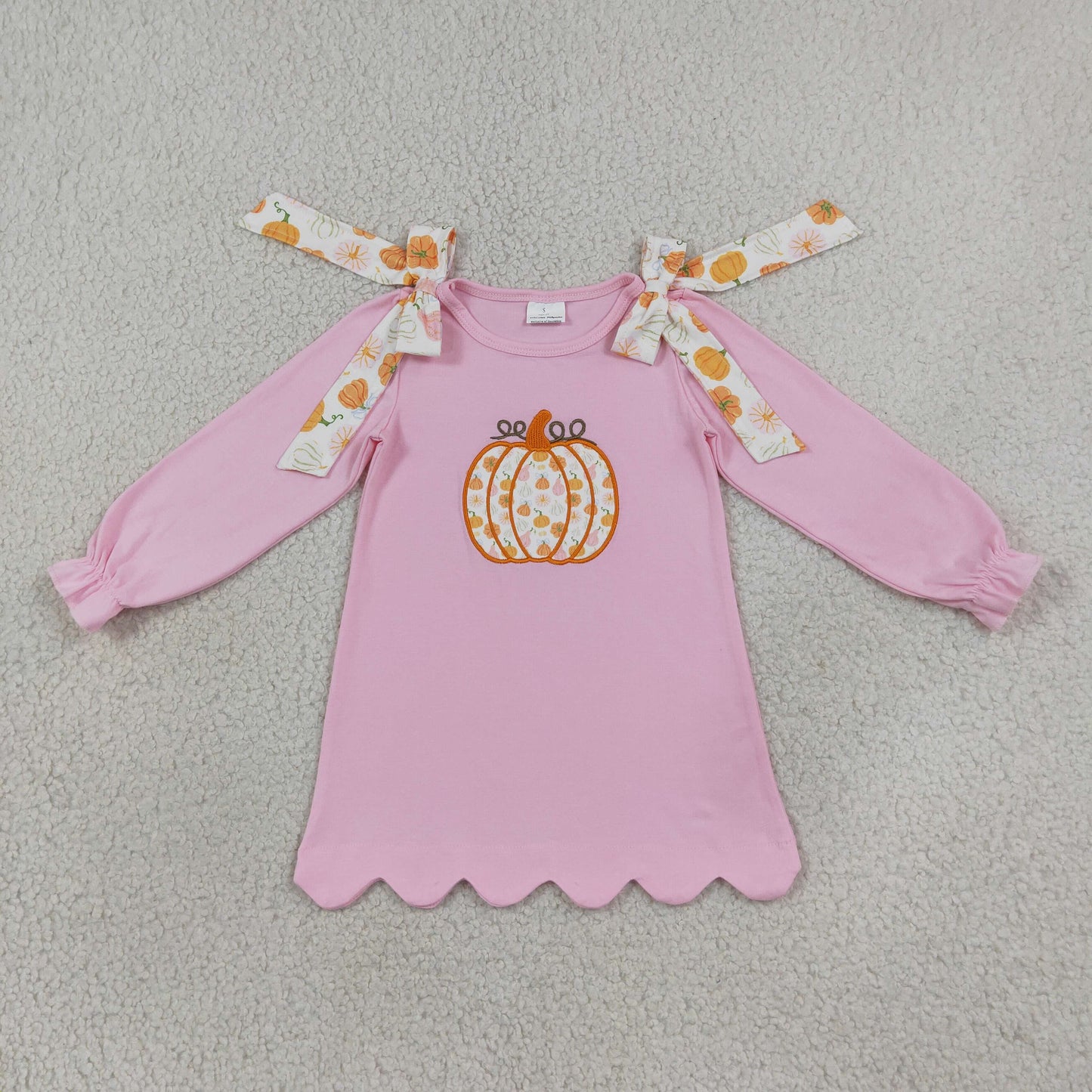 GLD1642 Embroidered Pumpkin Bows Scalloped Pink Long Sleeve Dresses for Girls 202608 RTS