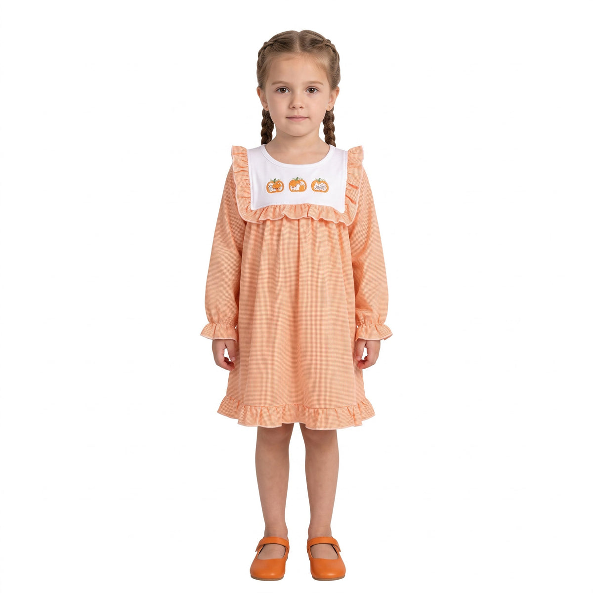 GLD1645 Embroidery Pumpkin Orange Ruffles Girl's Dress 202609 RTS