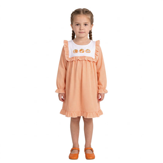 GLD1645 Embroidery Pumpkin Orange Ruffles Girl's Dress 202609 RTS