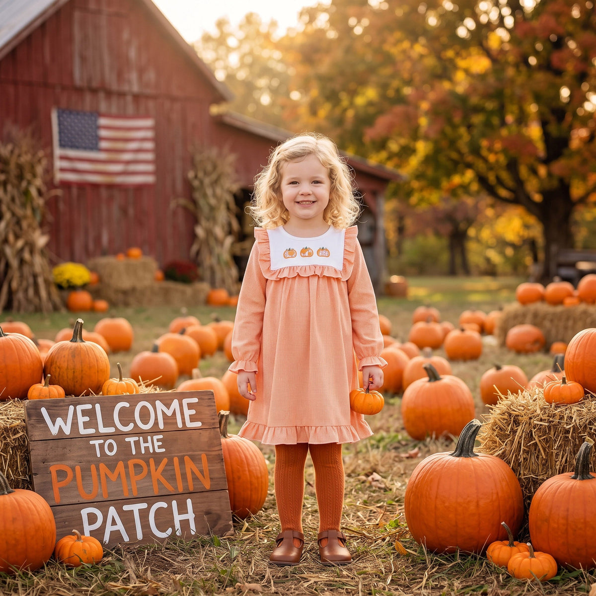 GLD1645 Embroidery Pumpkin Orange Ruffles Girl's Dress 202609 RTS