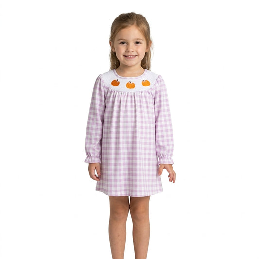 GLD1649 Smocked Fall Pumpkin Bows Plaid Purple Girl's Dress