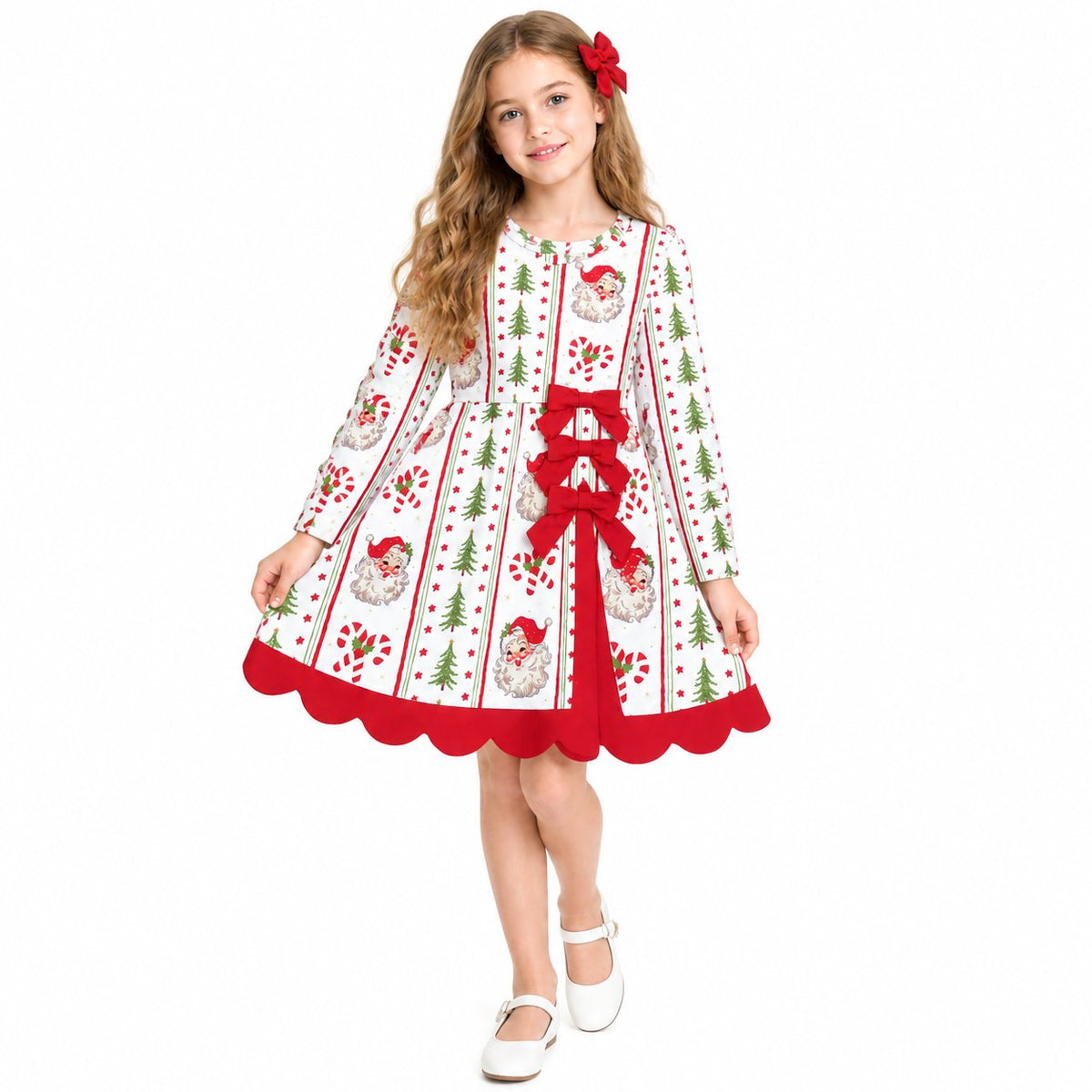 GLD1650 Christmas Santa Red Yoga Scallop Edge Girl's Dress