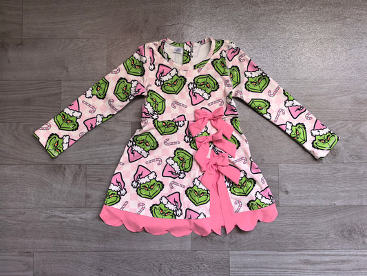 NO MOQ Preorder GLD1651 Christmas Grinch Pink Bows Scalloped Long Sleeve Yoga Dresses for Girls 202607