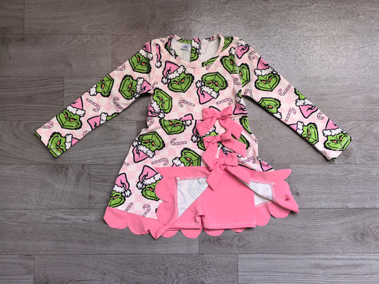 NO MOQ Preorder GLD1651 Christmas Grinch Pink Bows Scalloped Long Sleeve Yoga Dresses for Girls 202607