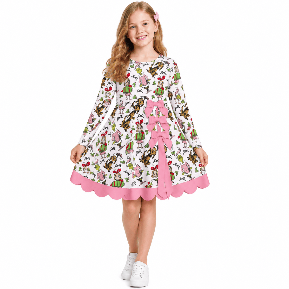GLD1656 Christmas Green Animals Gift Bows Yoga Scallop Edge Girl's Dress
