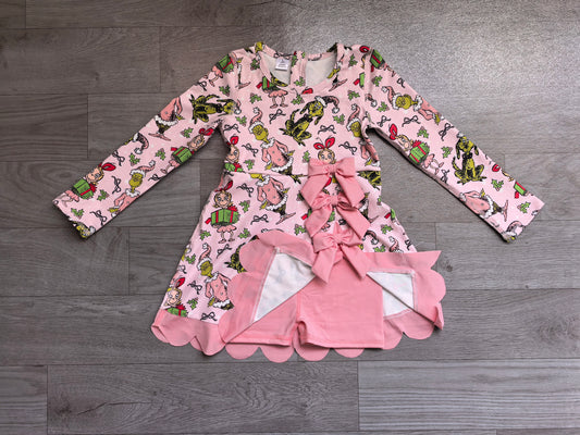 NO MOQ Preorder GLD1656 Christmas Grinch Light Pink Bows Scalloped Long Sleeve Yoga Dresses for Girls 202607