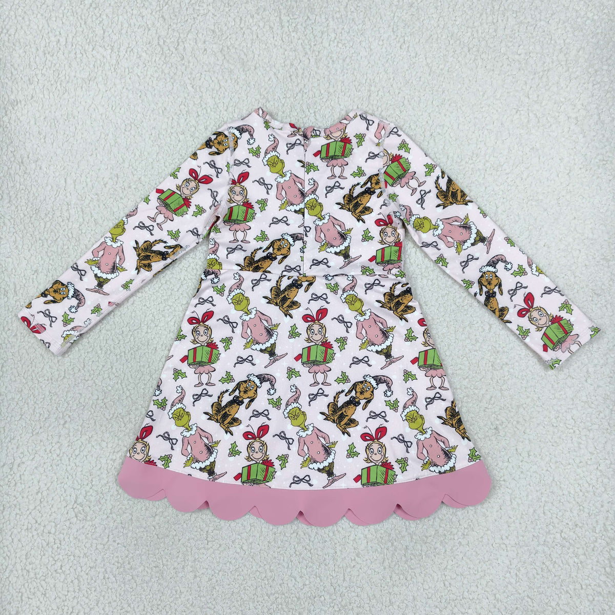 GLD1656 Christmas Green Animals Gift Bows Yoga Scallop Edge Girl's Dress