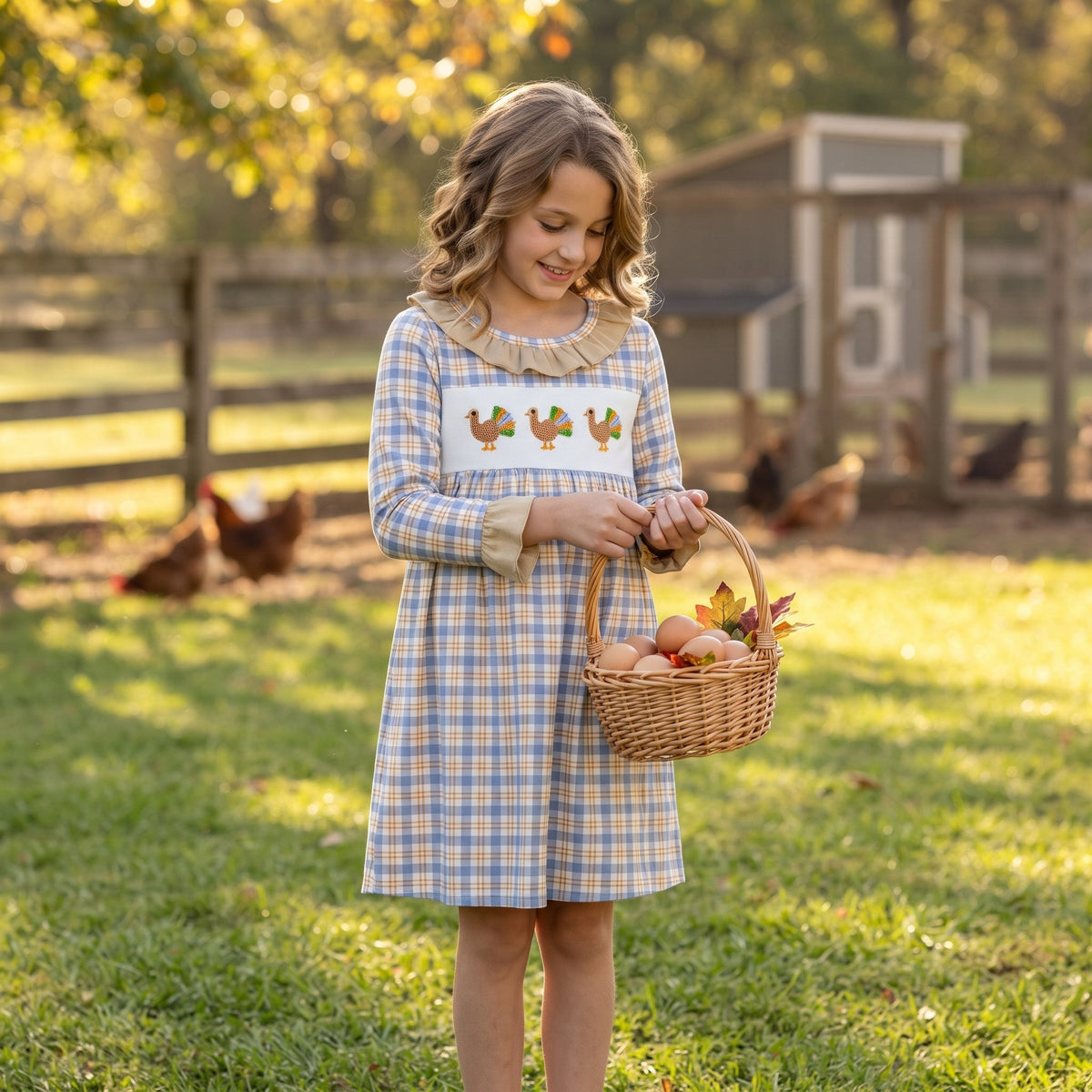 GLD1667 Smocked Thanksgiving Day Turkey Plaid Girl's Dress