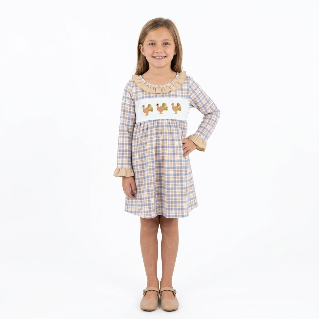 GLD1667 Smocked Thanksgiving Day Turkey Plaid Girl's Dress