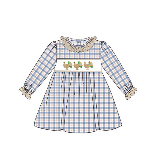 MOQ 5 PCS preorder GLD1667 Thanksgiving Turkey Plaid Khaki Ruffle Long Sleeve Dresses for Girls 202606