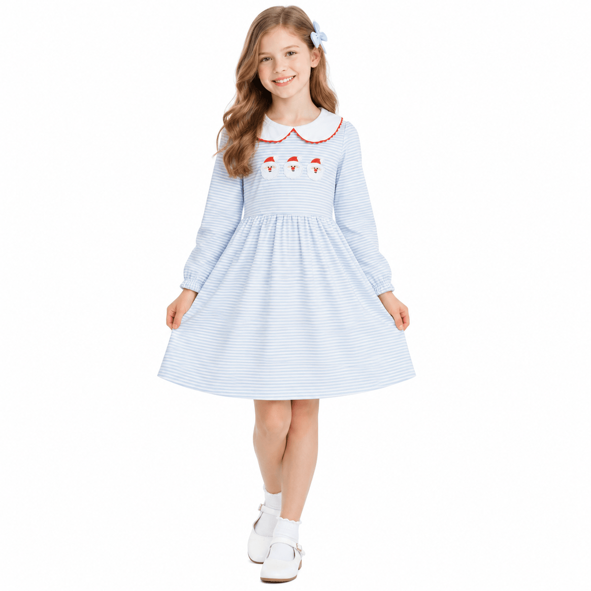 GLD1673 Christmas Santa Stripe Embroidery Girl's Dress