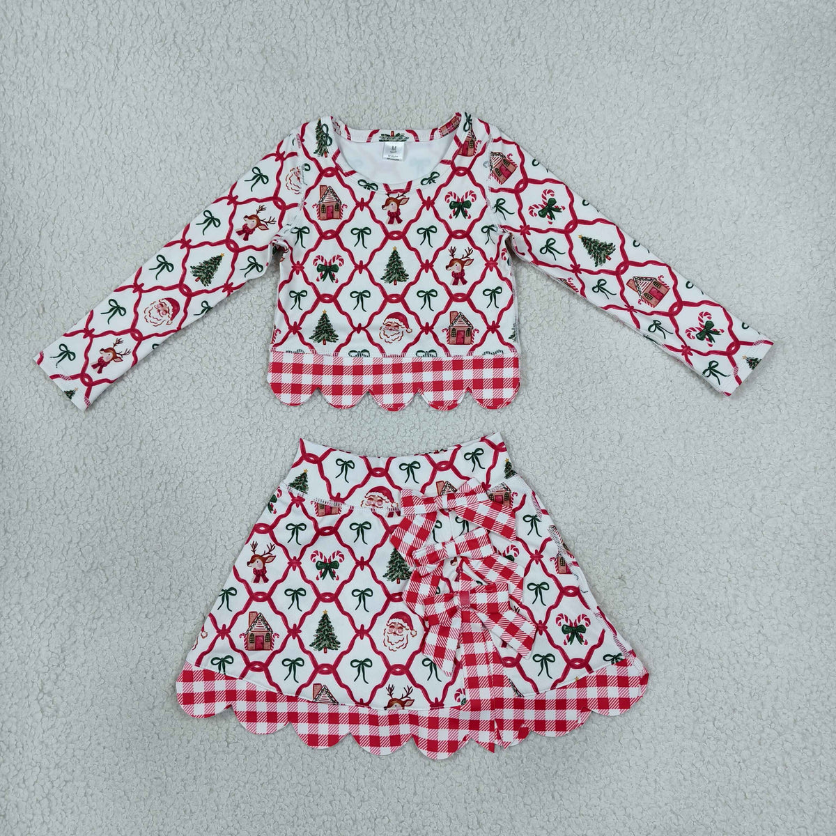 GLD1676 Christmas Santa Bows Scallop Edge Yoga Girls Skorts Set